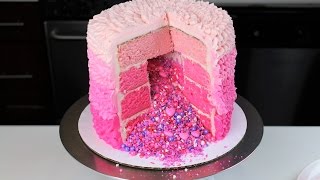 How To Make A Pink Ruffle Pinata Cake  CHELSWEETS [upl. by Ymmij]