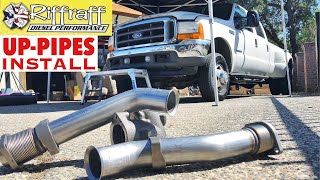 2001 F350 73  RiffRaff UpPipes Install  Stock up pipes leaking and falling apart JUNK SP [upl. by Aneekal]